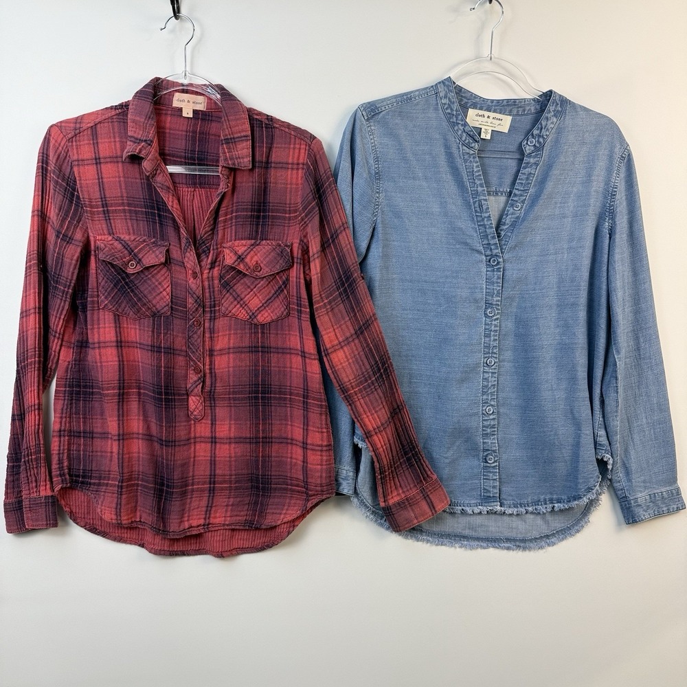 Cloth & Stone Tops Womens S Lot of 2 Plaid Tencel Shirt &‎ Chambray Popover $186